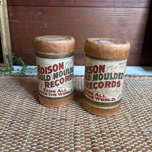 2 Antique EMPTY Edison Gold Moulded Cylinder Record Canister Cases USA Made